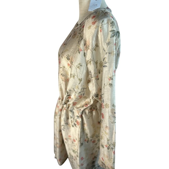 J Jill Linen Blend Sheer Floral Jacket Tunic Top M Barley Long Sleeve w/ Pockets - Picture 6 of 11
